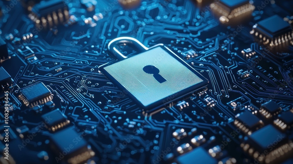 Poster digital cybersecurity concept with lock symbol on illuminated circuit board
