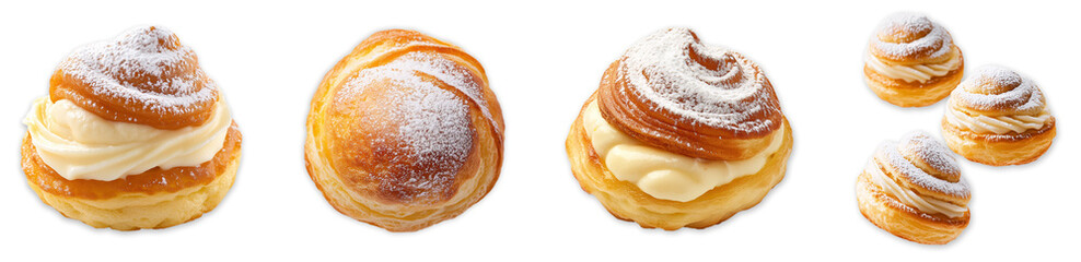 Delicious cream puffs with powdered sugar isolated transparent background