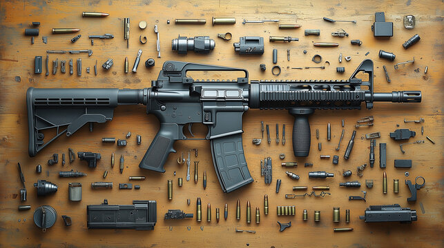 AR-15 Rifle and Ammunition: A close-up, flat lay image of a black AR-15 rifle surrounded by various components and ammunition, showcasing the intricate details of a popular firearm.  