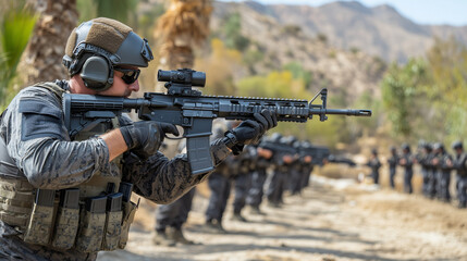 Fototapeta premium Military Training: A soldier in tactical gear sights down a rifle during a training exercise in a desert environment, with his fellow soldiers in the background.