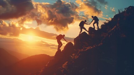 Hikers Helping Each Other on Mountain at Sunset