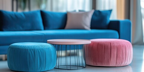 Fototapeta premium Modern Living Room Furniture Set - Colorful Ottomans and Sofa