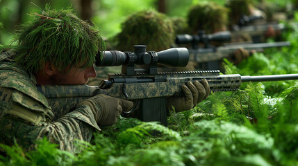 Fototapeta premium Camouflaged Snipers in the Forest: A dramatic image of soldiers in ghillie suits, aiming their rifles from a concealed position in dense foliage. The scene is intense and atmospheric.