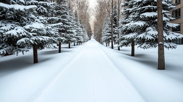 Snow-covered pathway lined with evergreen trees in a winter landscape creating a symmetrical perspective view of the snowy scene. - Powered by Adobe