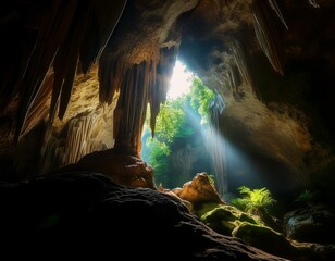 Ancient Limestone Caves With Stalactites and Stalagmites Forming Intricate Patterns, Illuminated by Natural Sunlight Streaming Through a Small Opening in the Cave Ceiling