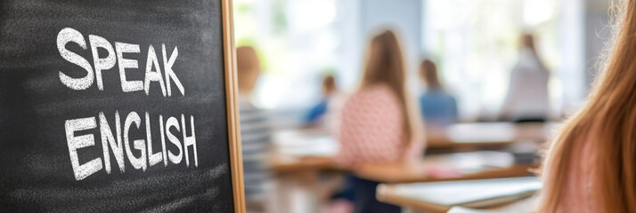 Classroom with blurred students and focus on Speak English sign, education concept