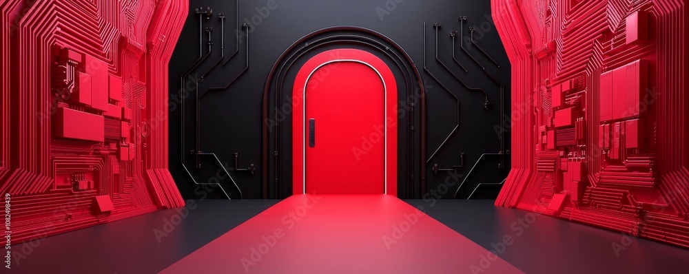 Poster the image shows a futuristic open door with digital technology neon light patterns on the wall. the 
