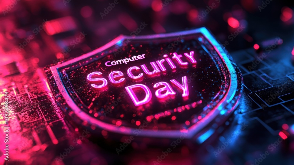Poster neon computer security day shield on digital circuitry background