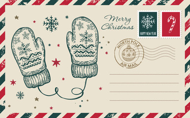 Postcard, Christmas mail, letter, hand drawn illustration.	
