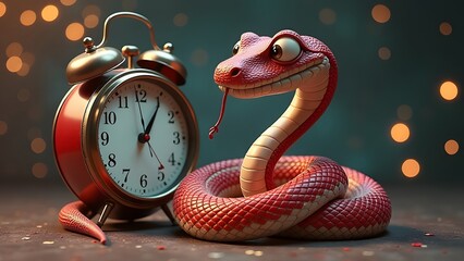 Obraz premium A whimsical snake next to a charming alarm clock in a vibrant, imaginative setting
