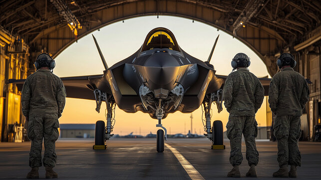 F-35 Lightning II:  A powerful F-35 Lightning II jet stands ready for takeoff, its sleek silhouette illuminated by the warm glow of the setting sun as military personnel stand in formation.