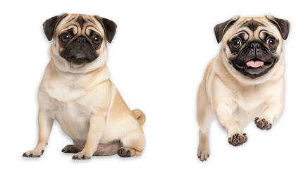 Fototapeta premium Two pugs one sitting one jumping isolated transparent background