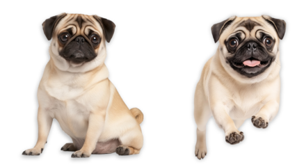 Two pugs one sitting one jumping isolated transparent background