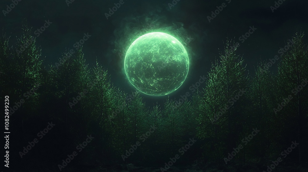 Poster glowing orb floating in mystical forest backdrop with copy space