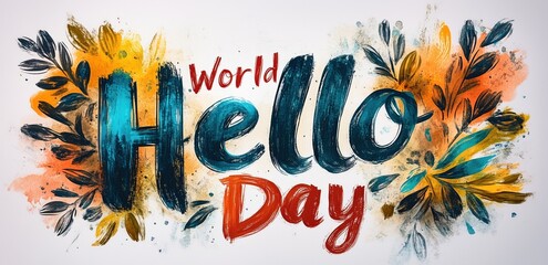 Colorful World Hello Day lettering with floral elements and brush strokes