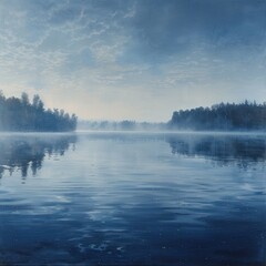 Fototapeta premium A serene and misty lake with a line of trees on the opposite bank. The sky is a pale blue with wispy clouds. The water is calm and reflects the sky and trees.