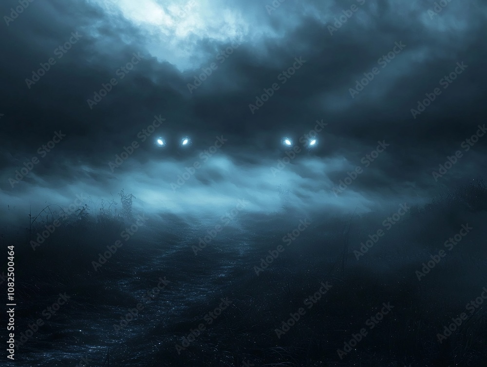 Poster mysterious fog shrouding a moonlit field with glowing unseen creatures in the shadows