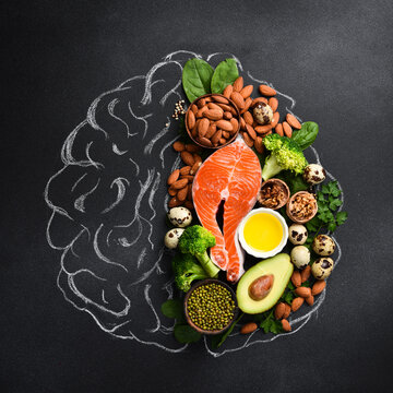 A picture of the brain drawn in chalk with various food products: fish, meat, nuts, vegetables and greens. Healthy food.