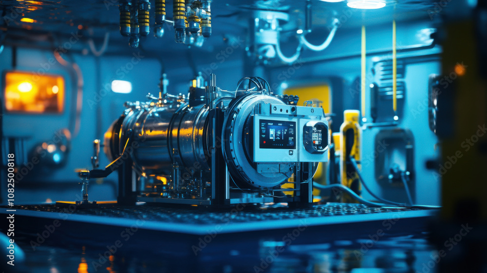 Poster high tech underwater welding rig with advanced controls and equipment, showcasing intricate details 