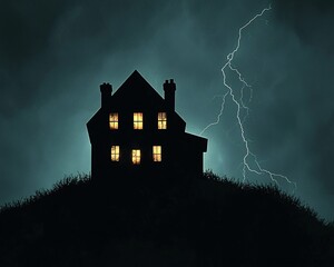 Haunting Silhouette of a Glowing Haunted House on a Dark Hill amid Flashing Lightning