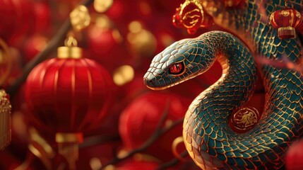 Obraz premium A New Year background featuring a graceful snake in a traditional Chinese style, surrounded by red lanterns and gold symbols of prosperity
