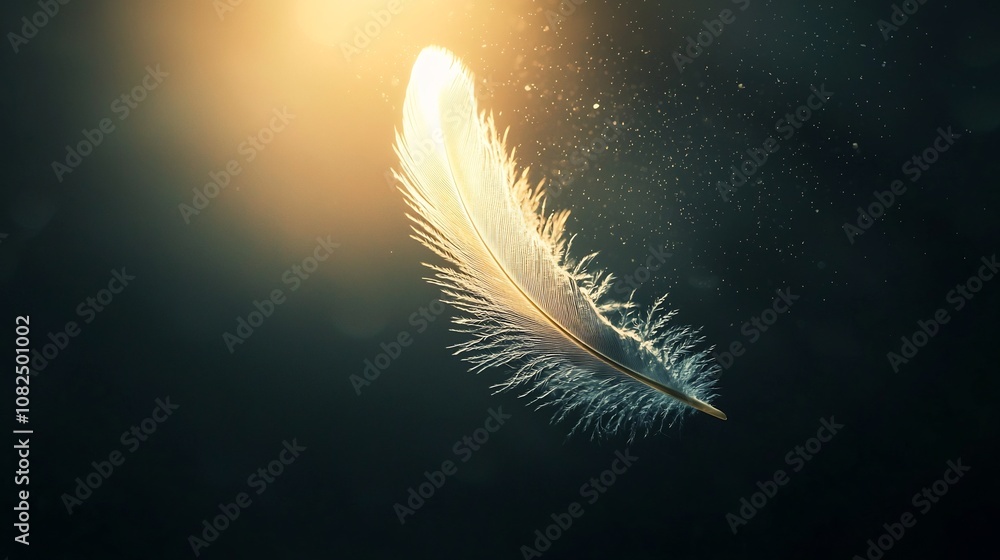 Poster ethereal floating feather descending through endless dark backdrop