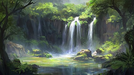 A lush green waterfall cascades down a cliff into a serene pool of water, surrounded by trees and foliage.