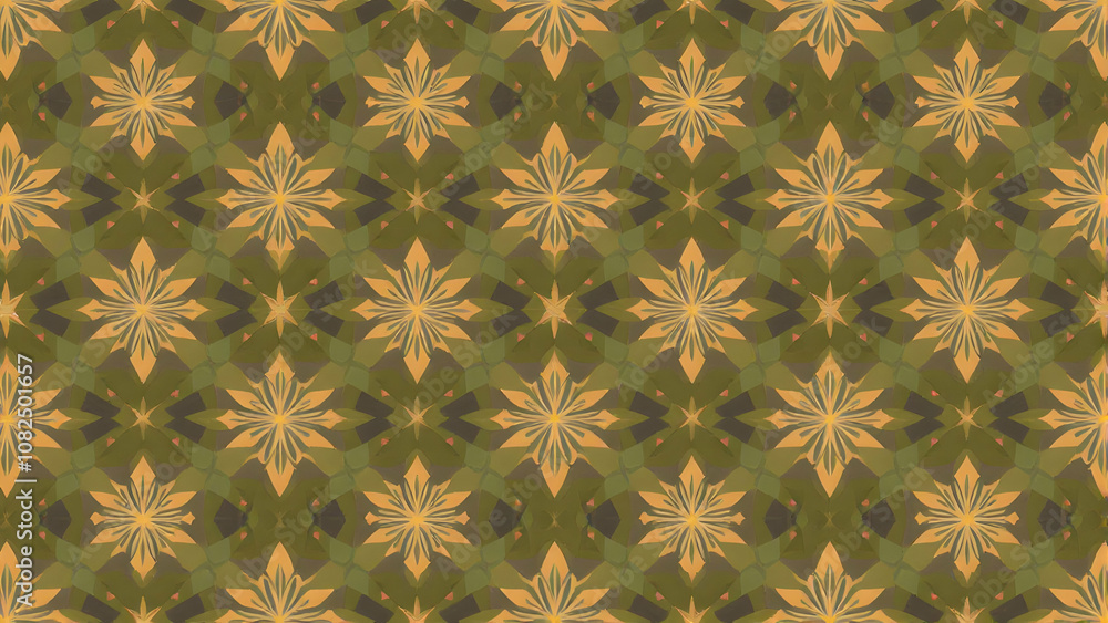 Poster a repeating pattern featuring stylized starbursts in shades of yellow and green, creating a kaleidos