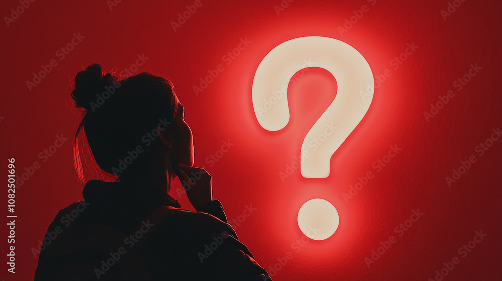 Poster a woman in silhouette stands in front of a large question mark illuminated against a red wall