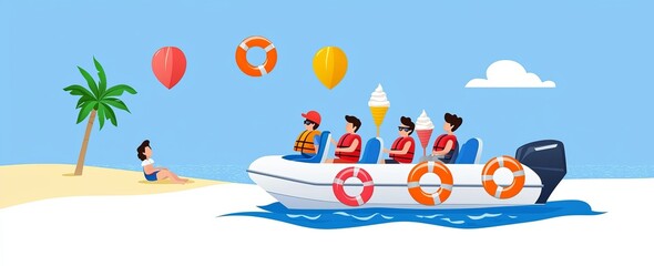 Imaginative cartoon illustration showing shocked friends looking at sparkling golden coins in box decorated with gems, palm tree on island, adventure voyage.