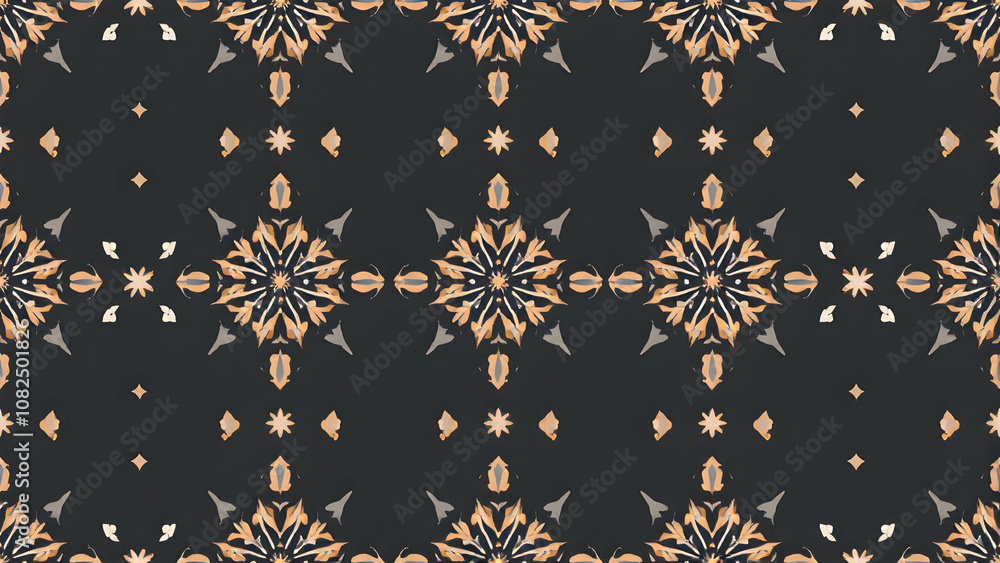 Poster a symmetrical pattern featuring golden floral motifs on a black background, creating a captivating a