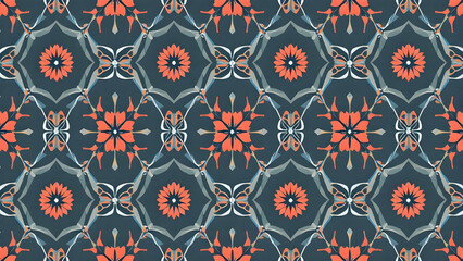 A seamless pattern of stylized orange flowers against a teal background, creating a mesmerizing kaleidoscope effect.