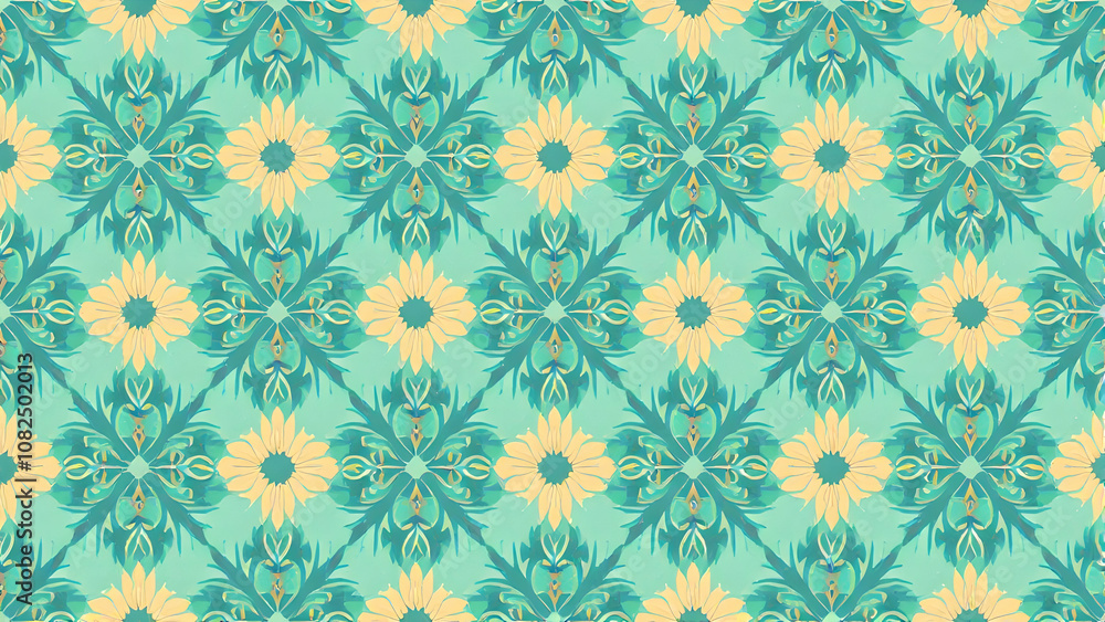 Poster a repeating pattern of teal and yellow floral shapes with a watercolor effect creates a visually app