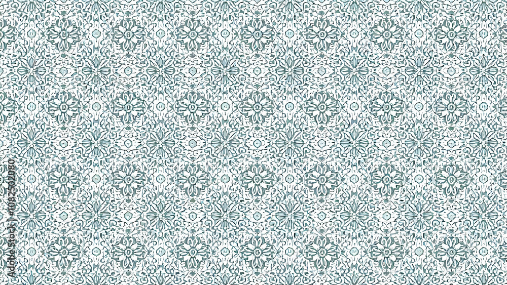 Poster a repeating pattern of abstract floral shapes in cool tones of blue and white, creating a complex an