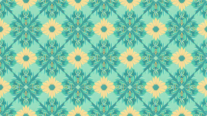 A repeating pattern of teal and yellow floral shapes with a watercolor effect creates a visually appealing and symmetrical design.