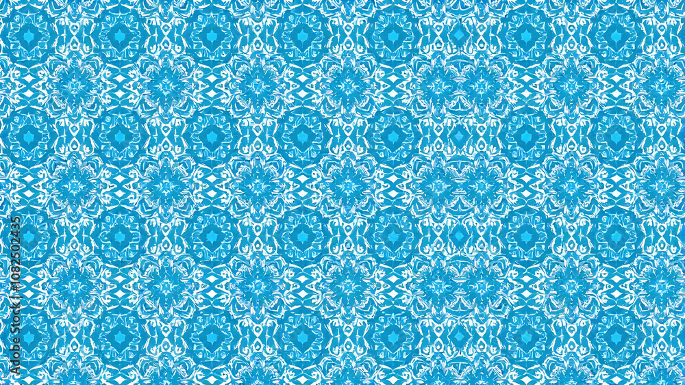 Aufkleber a seamless repeating pattern of blue and white abstract shapes, creating a kaleidoscopic design with