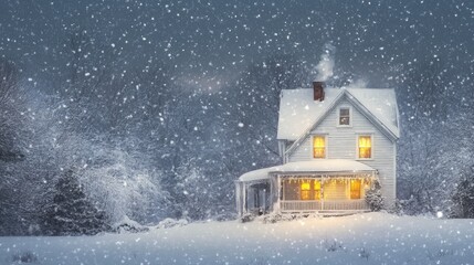 Snow falling gently on a house with soft yellow lights glowing inside, creating a magical winter wonderland