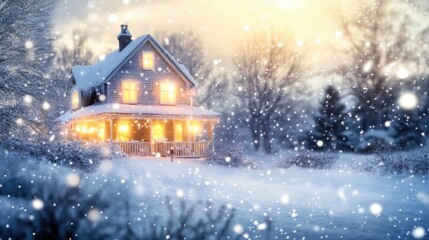 Naklejka premium Snow falling gently on a house with soft yellow lights glowing inside, creating a magical winter wonderland