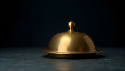 a brass serving cloche with a warm golden hue, isolated against a rich black background highlighting its texture create with ai