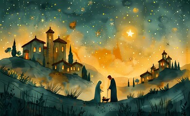 a flat illustration of the nativity scene with Mary, Joseph, and the baby Jesus for Christmas Illustration