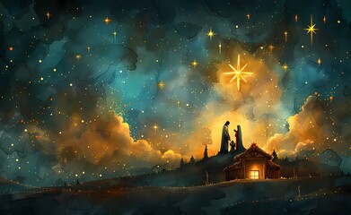 a flat illustration of the nativity scene with Mary, Joseph, and the baby Jesus for Christmas Illustration