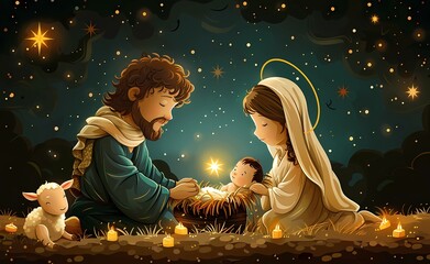 a flat illustration of the nativity scene with Mary, Joseph, and the baby Jesus for Christmas Illustration