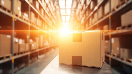 A single cardboard box sits on a table in the middle of a warehouse with shelves full of boxes in the background.
