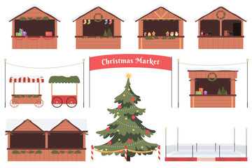 Christmas market with stalls. Festive winter fair with a Christmas tree. Holiday weekend with gifts and entertainment. Vector illustration