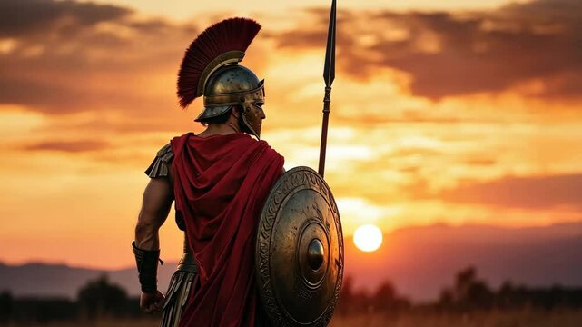 A warrior stands against the sunset, showcasing ancient armor and a shield while preparing for battle in a serene landscape