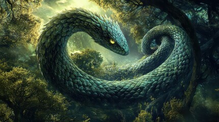 Fototapeta premium Etheric Basilisk Coiling Around the World Tree: Hypnotic Scale Patterns Reflecting Past Lives, Karmic Cycles, Deep Forest, and Cosmic Void in High-Resolution Spiritual Background.