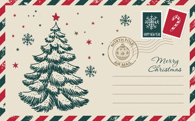 Postcard, Christmas mail, letter, hand drawn illustration.	
