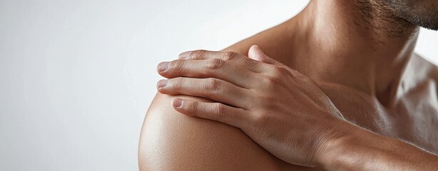 Close-up of a hand resting on a shoulder, symbolizing self-care, physical health, and relaxation. Skin details are visible.