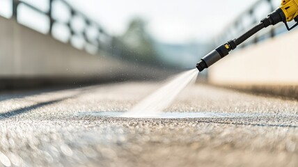 A high-pressure washer sprays water onto pavement, effectively cleaning the surface. Outdoor maintenance and cleaning concept in bright daylight.