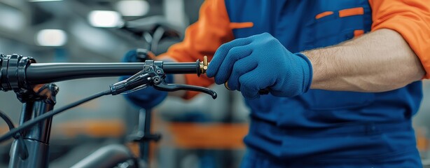 Close-up of a mechanic’s gloved hands adjusting a bicycle handlebar, showcasing precision and focus on bike maintenance in a workshop setting.